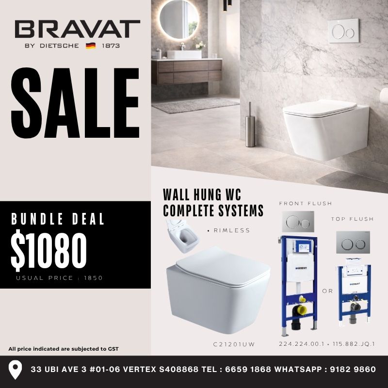 Title: Bravat Wall Hung WC Complete System – Rimless Design Description: Upgrade to a sleek wall-hung toilet system with rimless flushing technology for improved hygiene and easy cleaning. Designed for modern bathrooms with concealed installation options. Includes: Wall Hung WC – C21201UW Concealed Cistern System Flush Plate Options (Front / Top Flush) Promo Price: $1080 Usual Price: $1850 SEO Keywords: wall hung WC Singapore, rimless toilet system, concealed cistern toilet Singapore, modern toilet system
