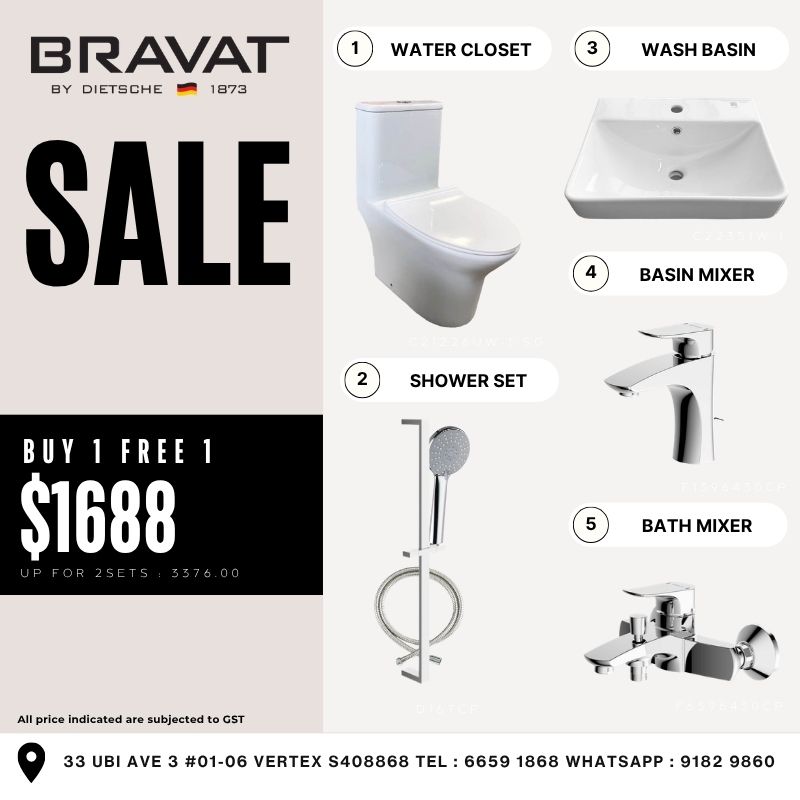 Title: Bravat Bathroom Essential Bundle – Buy 1 Free 1 Description: A complete bathroom solution bundle featuring essential fittings for a modern and functional space. Ideal for homeowners looking for value while maintaining design consistency. Includes: Water Closet – C21226UW-1-SG Shower Set – D167CP Wash Basin – C22351W-1 Basin Mixer – F1396430CP Bath Mixer – F6396430CP Promo Price: $1688 (2 Sets) Usual Price: $3376 SEO Keywords: bathroom bundle Singapore, WC basin shower set bundle, Bravat bundle deal Singapore, toilet package Singapore