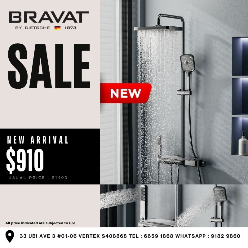 Title: Bravat Rain Shower Set – New Arrival Description: Experience a luxurious rainfall shower with a modern slim profile design. Engineered for comfort and durability, suitable for contemporary bathrooms. Promo Price: $910 Usual Price: $1400 SEO Keywords: rain shower set Singapore, Bravat shower system, luxury shower Singapore, bathroom rain shower