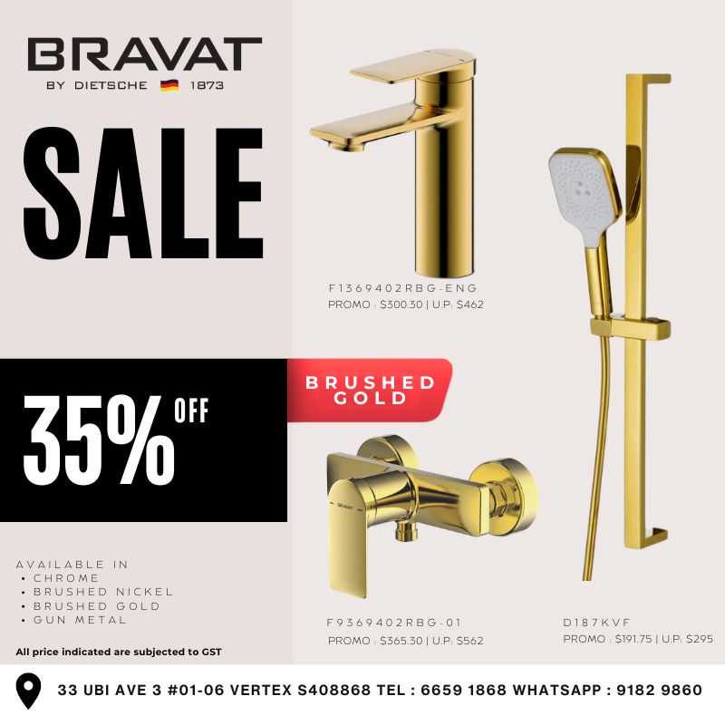 Title: Bravat Mixer Collection – Brushed Gold Finish Description: Add a refined touch to your bathroom with brushed gold fittings. Designed for both visual impact and long-lasting performance. Includes: Basin Mixer – F1369402RBG-ENG Bath Mixer – F9369402RBG-01 Shower Set – D187KVF Promo Price: From $191 – $565 SEO Keywords: brushed gold tap Singapore, luxury bathroom fittings Singapore, gold basin mixer, designer bathroom taps