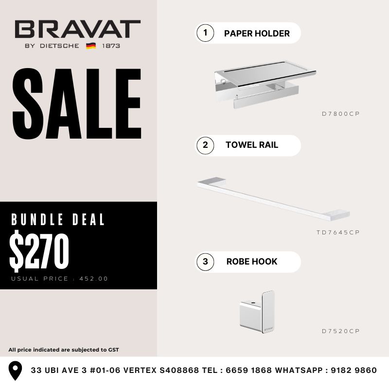 Title: Bravat Bathroom Accessories Bundle Description: Complete your bathroom with essential accessories designed for both functionality and clean aesthetics. Includes: Paper Holder – D7800CP Towel Rail – TD7645CP Robe Hook – D7520CP Promo Price: $270 Usual Price: $452 SEO Keywords: bathroom accessories Singapore, towel rail holder set, toilet accessories bundle, Bravat accessories