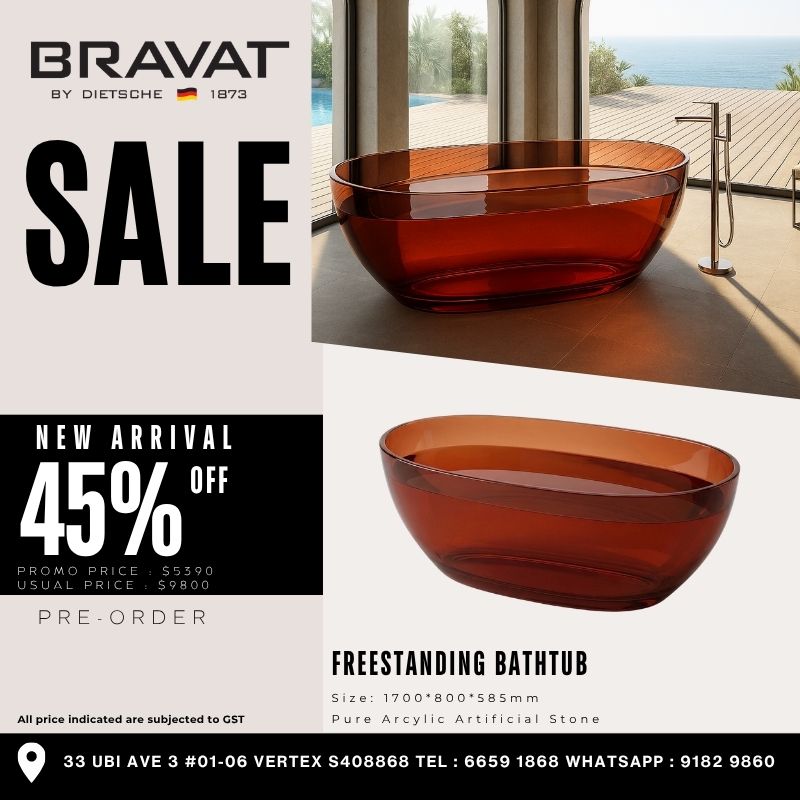 FREESTANDING BATHTUB (45% OFF) Title: Bravat Freestanding Bathtub – Statement Piece Description: A sculptural freestanding bathtub crafted from premium acrylic artificial stone. Designed to be the centerpiece of any bathroom with a clean and modern finish. Specifications: Size: 1700 × 800 × 585 mm Material: Acrylic Artificial Stone Promo Price: $5390 Usual Price: $9800 Offer: 45% Off (Pre-order Available) SEO Keywords: freestanding bathtub Singapore, luxury bathtub Singapore, acrylic bathtub Bravat, designer bathtub